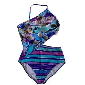 Gottex Samosir Cut Out Waist One Piece Swimsuit Size Medium Floral Stripe